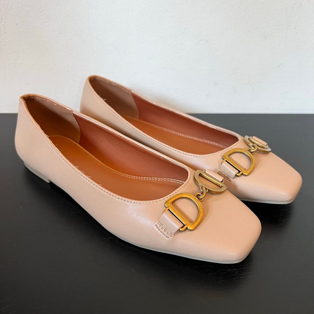 ASOS Neutral Nude Tan Square Toe Brass D-Ring Horse Bit Hardware Ballet Flats 5